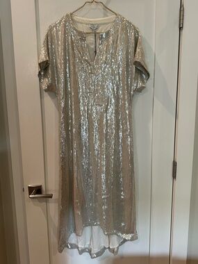 S’edge NTW S'edge Amara Dress -Silver Sequin Shift with Scoop Neck high low MED